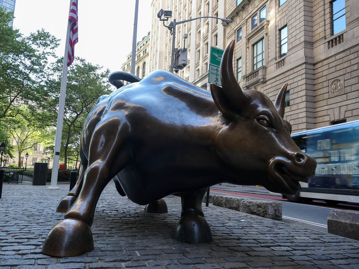 NEW YORK, USA - MAY 26: The Wall Street Bull (The Charging Bull) is seen during Covid-19 pandemic in Lower Manhattan, New York City.